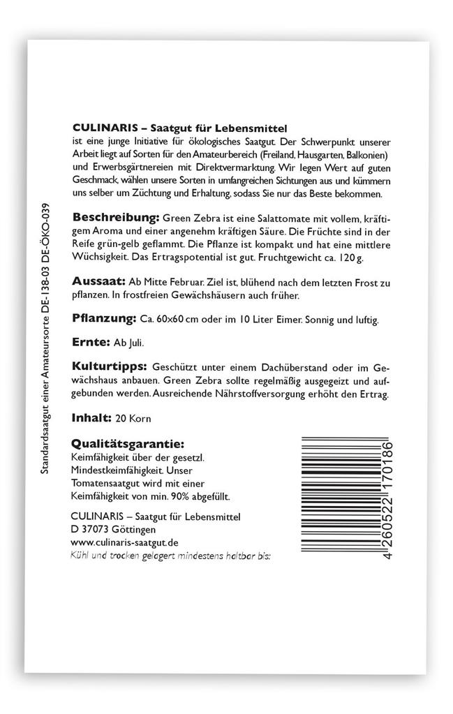 Culinaris Salattomate Green Zebra, 20 Korn