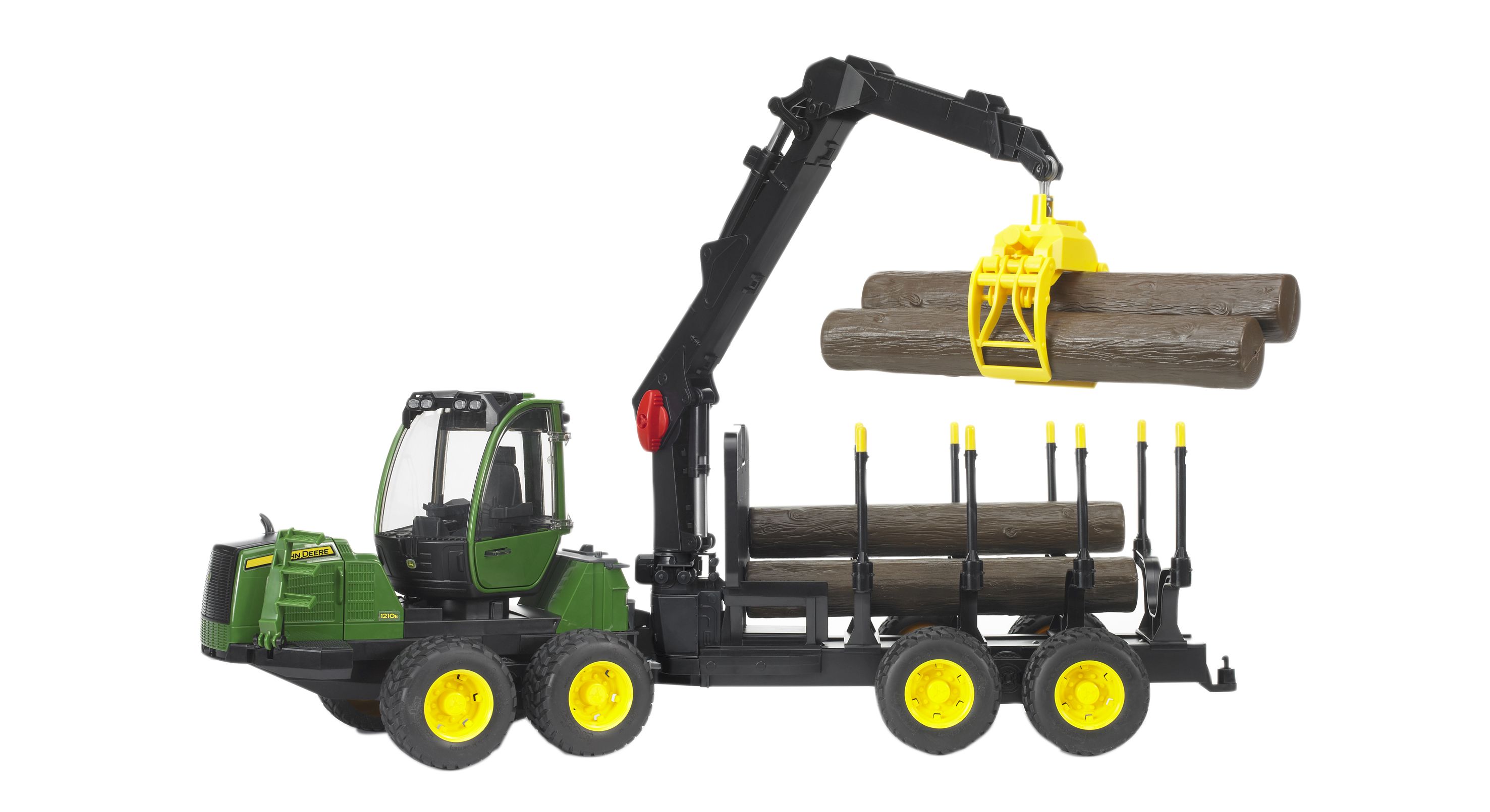 Bruder John Deere Rückezug 1210E mit 4 Baumstämmen und Holzgreifer