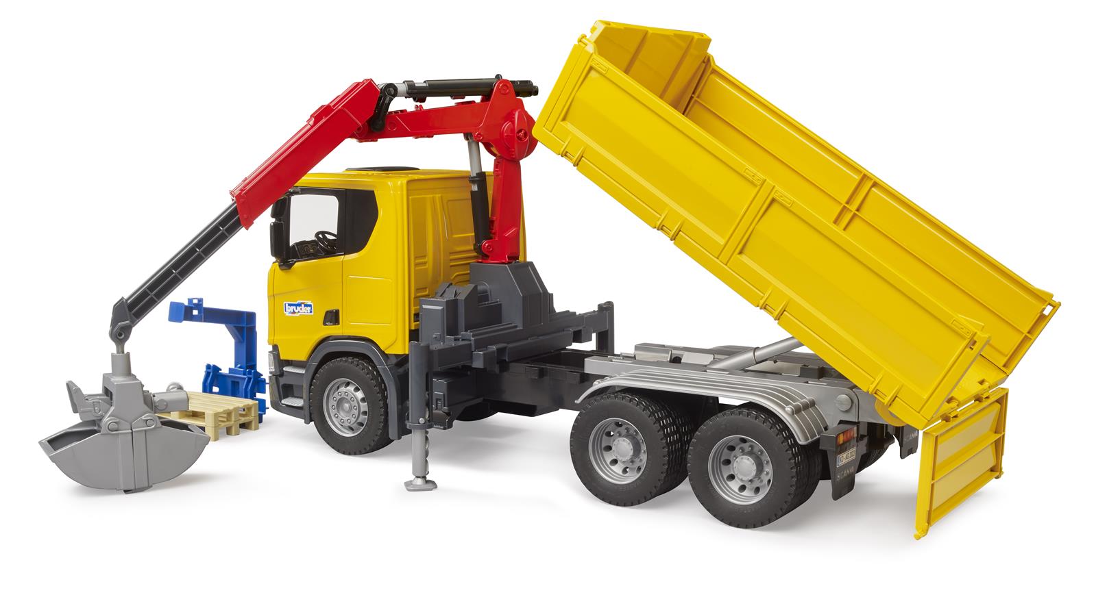 BRUDER Scania Super 560R Baustellen- LKW Kran und 2 Paletten