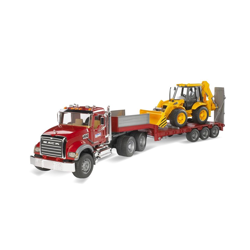 Bruder MACK Granite LKW mit Tieflader und JCB 4CX Baggerlader