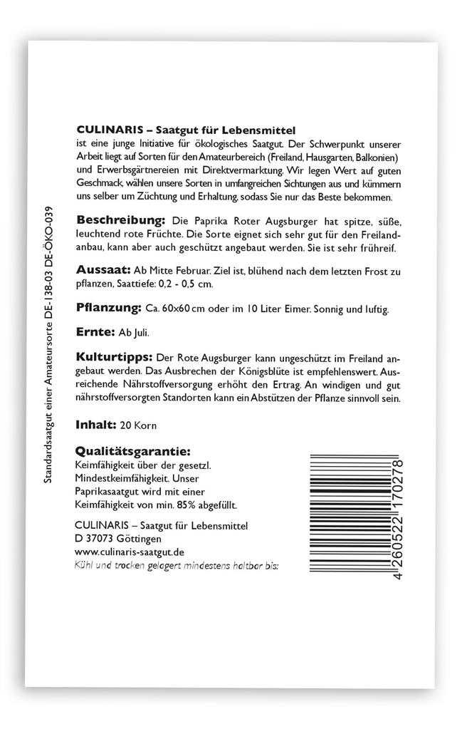 Culinaris Paprika Roter Augsburger, 20 Korn