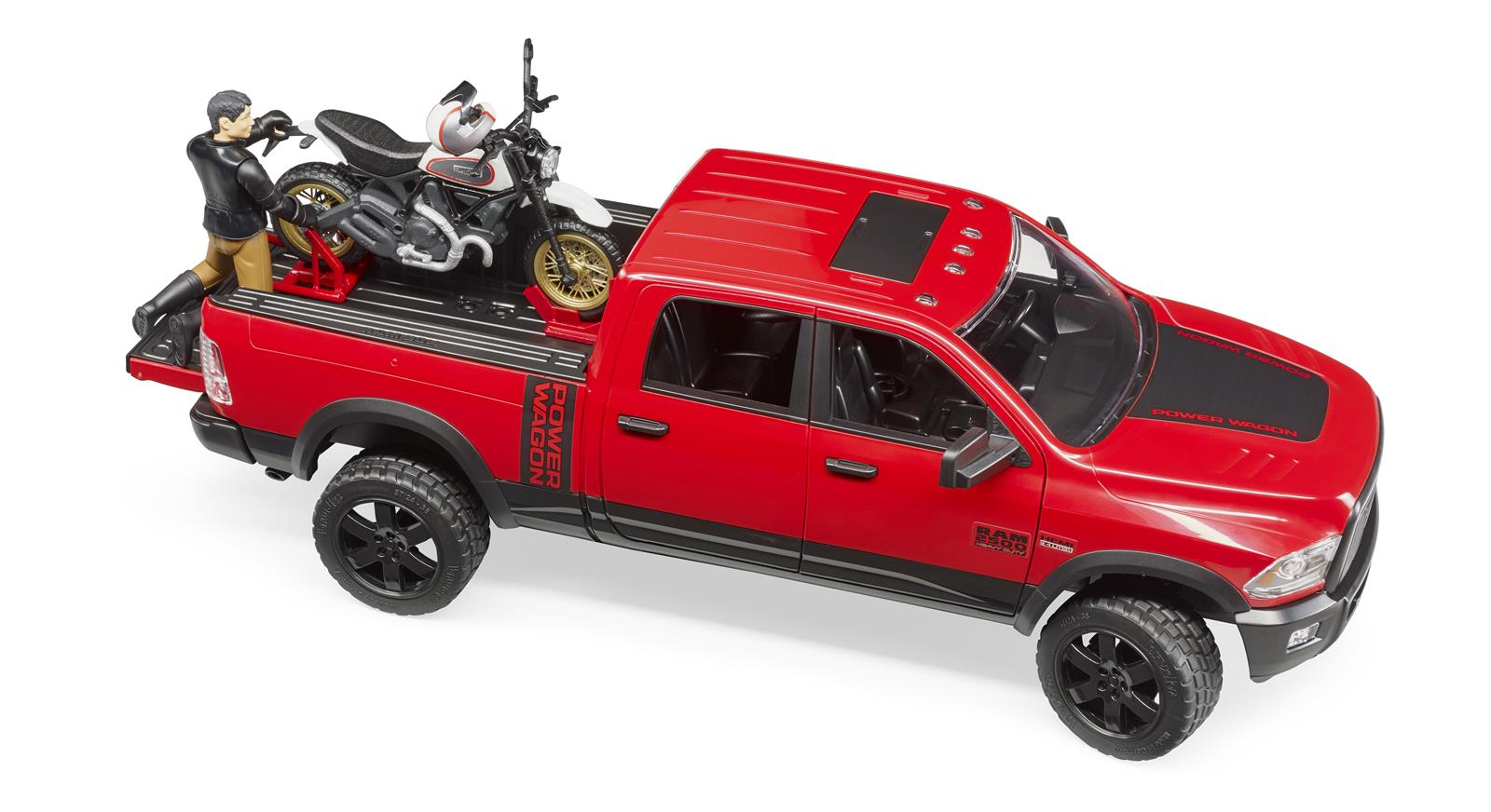Bruder RAM 2500 Power Wagon mit Scrambler Ducati Desert Sled & Fahrer