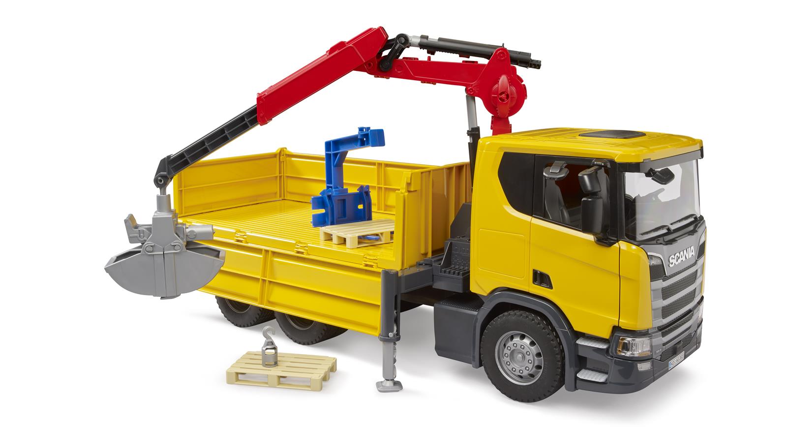 BRUDER Scania Super 560R Baustellen- LKW Kran und 2 Paletten