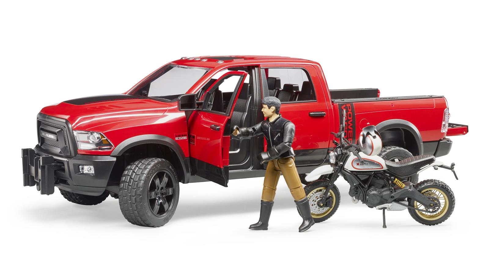 Bruder RAM 2500 Power Wagon mit Scrambler Ducati Desert Sled & Fahrer