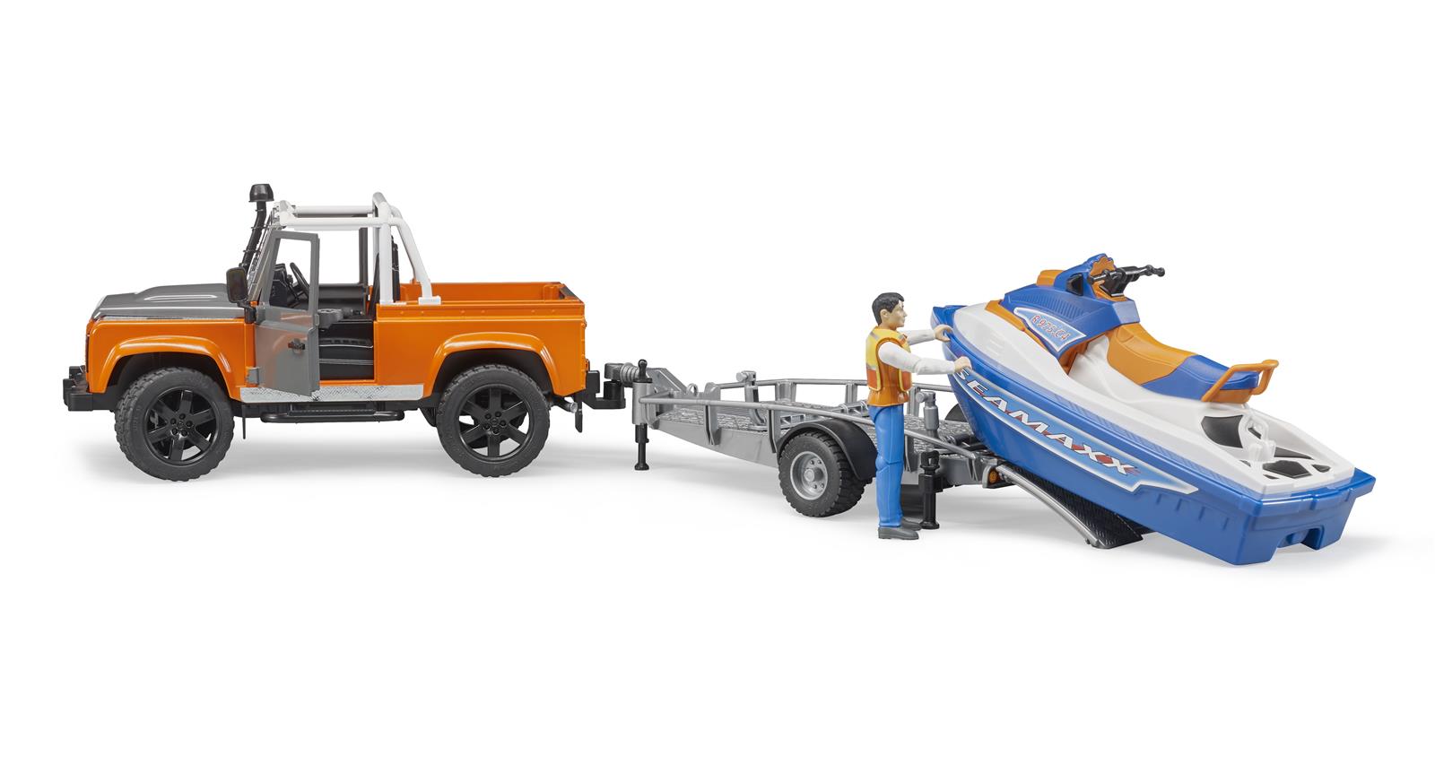 Bruder Land Rover Defender PickUp mit Anhänger, Personal Water Craft & Fahrer