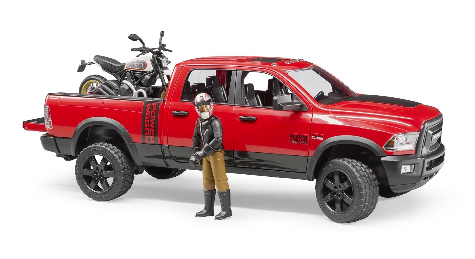 Bruder RAM 2500 Power Wagon mit Scrambler Ducati Desert Sled & Fahrer