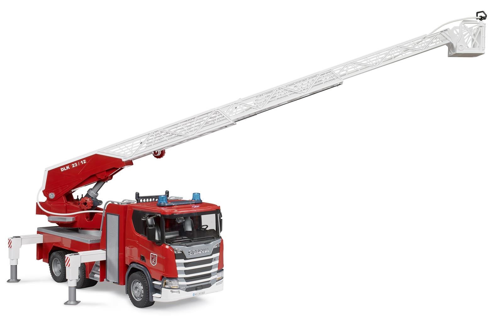 BRUDER Scania Super 560R Feuerwehr mit Drehleiter, Wasserpumpe, L+S Modul