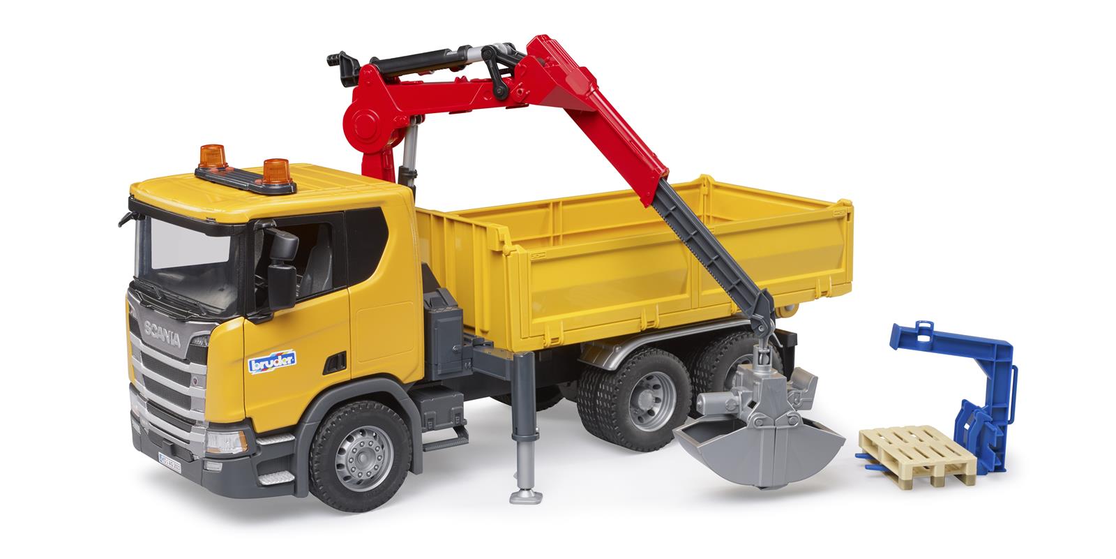 BRUDER Scania Super 560R Baustellen- LKW Kran und 2 Paletten